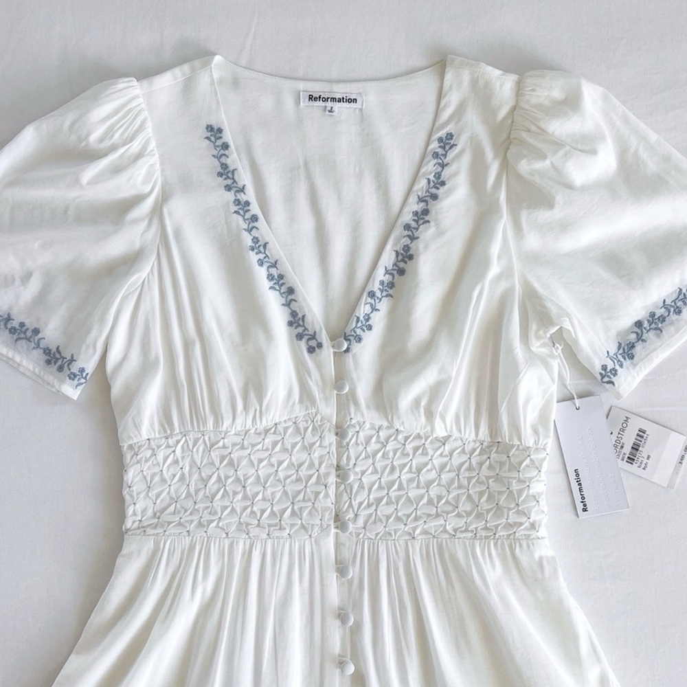 Reformation Kamryn Embroidered Smocked Waist Midi Dress Size 2 NWT - Picture 7 of 8